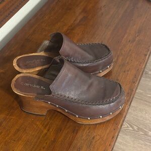 Candie's Dark Brown Leather Clogs with Wooden Heel